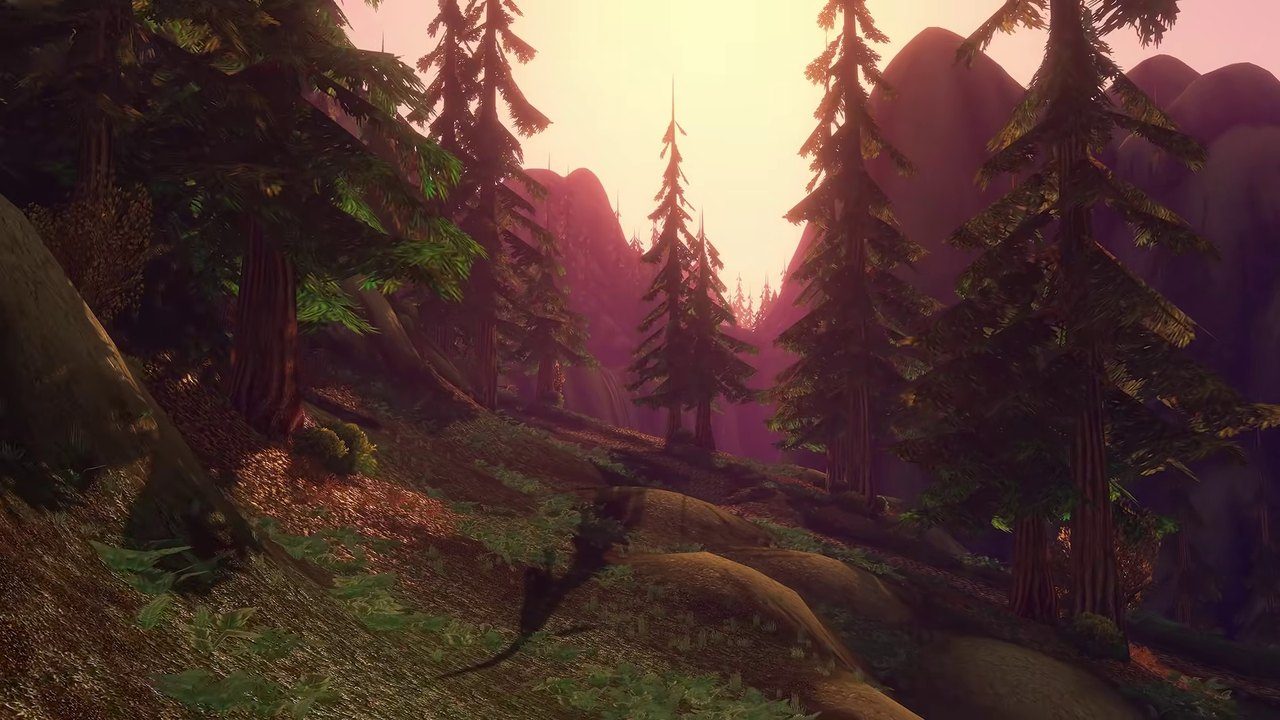A pine forest at sunset in World of Warcraft: Forever